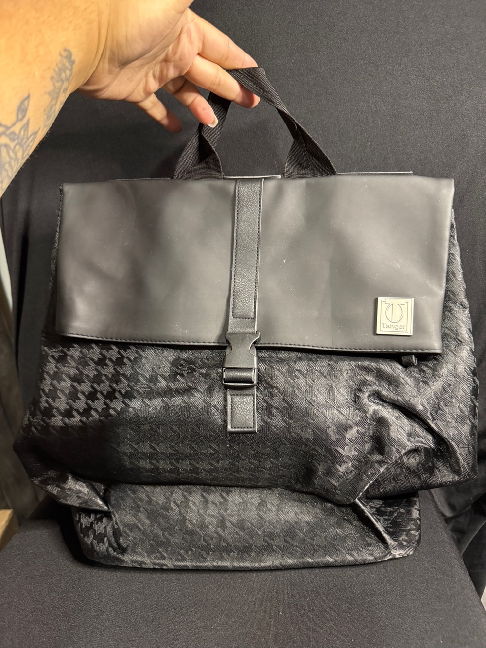 Tanger Black Houndstooth Roll-Top Backpack with Faux Leather Flap